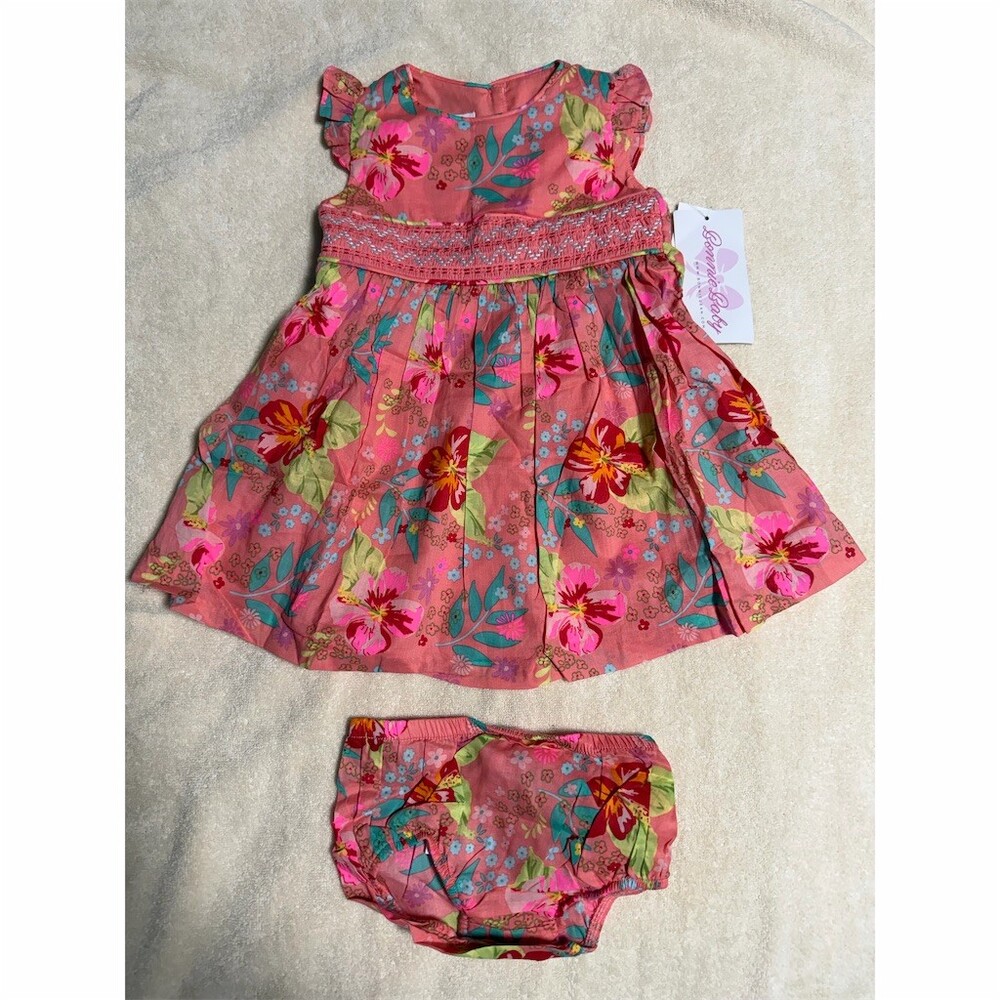 Bonnie Jean Baby Girls Dress Set 18M Pink Tropical Floral Smocked